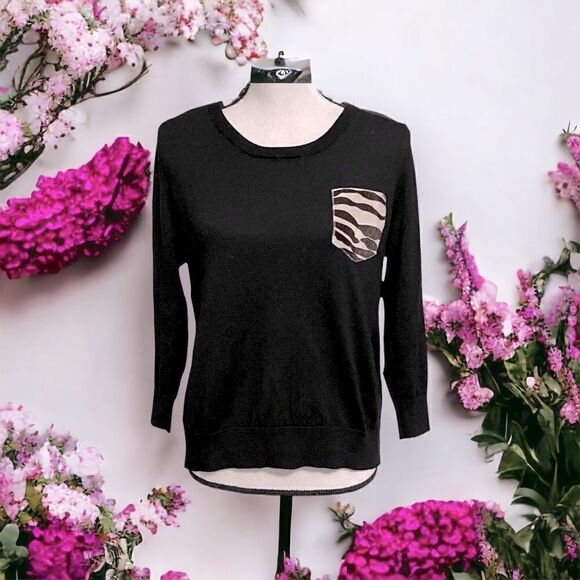 The Kooples Black Merino Wool Sweater with Lambskin Zebra Print Pocket. Size S - Picture 1 of 10